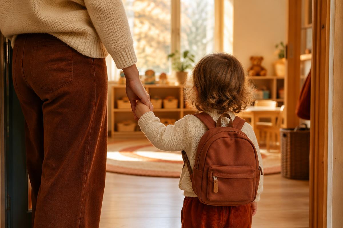 A parent holding a toddler's hand at the doorway of a cozy childcare room