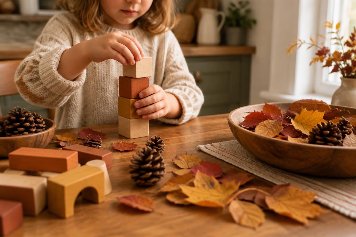 A child stacking wooden blocks beside autumn leaves and pinecones on a kitchen table